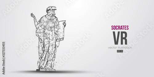 VR headset holographic low poly wireframe banner. Abstract silhouette of the polygonal statue of Socrates, man wearing virtual reality glasses. VR games. Particles, lines on white background, vector