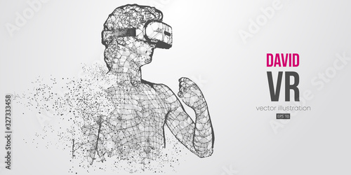 VR headset holographic low poly wireframe banner. Abstract silhouette of the polygonal statue of David, man wearing virtual reality glasses. VR games. Particles, lines on white background, vector