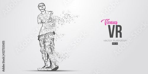 VR headset holographic low poly wireframe banner. Abstract silhouette of the polygonal statue of Venus, woman wearing virtual reality glasses. VR games. Particles, lines on white background, vector