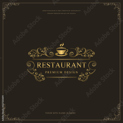 Luxury Restaurant Menu Logo Template. Golden Cup of Drink. Hot Coffee or Tea. Drawn Creative Monogram with Inscription. Elegant Brochure. Cooking Design for Cafe, Restaurant, Bar. Vector illustration