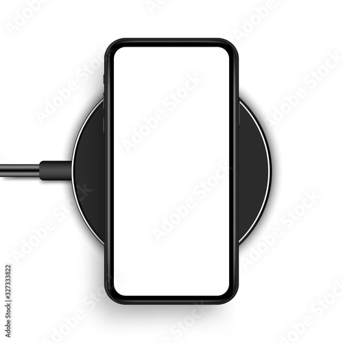 Wireless charger with smartphone isolated on white background. Vector illustration