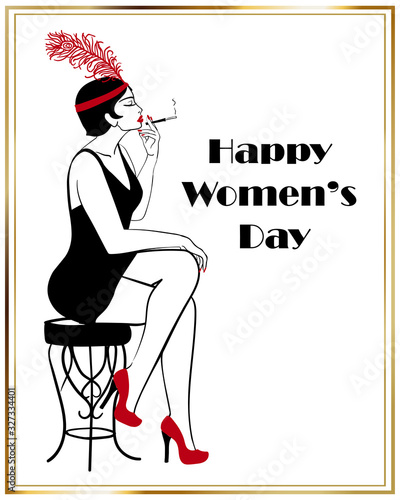 Hand drawn flapper, 1920s smoking sexy lady, vector happy women's day greeting card