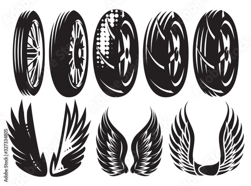Vector monochrome set of motorcycle wheels and wings