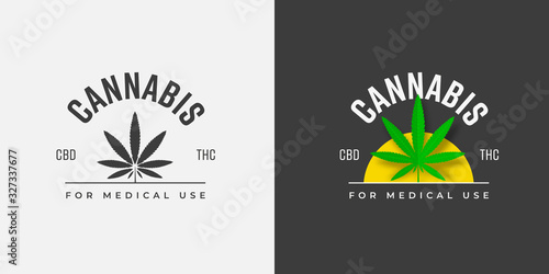 Graphic label design with organic green sativa and indica grass leaf, on white and black background, on yellow semicircle.