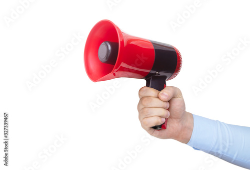 Red and black megaphone in hand isolated on white background