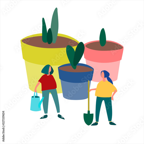 Women planting seedlings vector illustration in flat style. Spring agricultural work concept. Plug plants sales advertisement