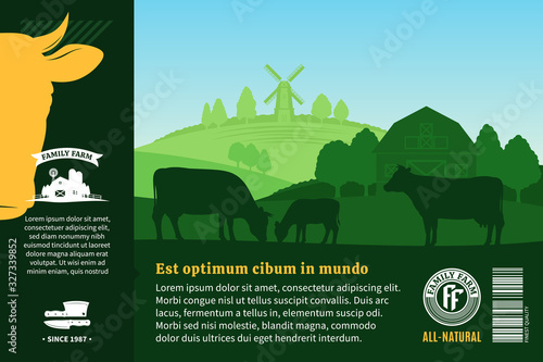 Vector farm fresh beef packaging or advertising design elements. Beautiful spring rural landscape with cows, calves and farm. Butcher shop or cattle farming illustration