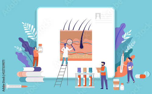 Research scientist. Science laboratory, chemistry scientists and clinical lab. Medical research items, clinical science laboratories experiments. Skin inspection, concept vector illustration