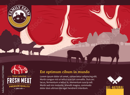 Vector fresh meat illustration. Rural landscape with animals, farm, meadow, and trees. Butcher shop or cattle farming packaging and advertising design elements