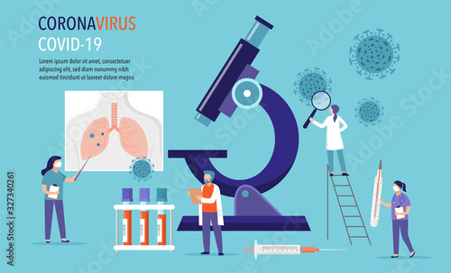 Coronavirus 2019-nCoV scene - research and development of medication. Group of scientists, doctors working in laboratory. Vector illustration