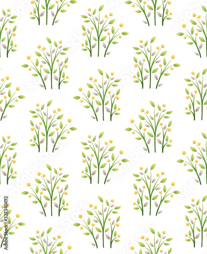Spring flowers, leaves and berries seamless pattern in Easter yellow and green on white background