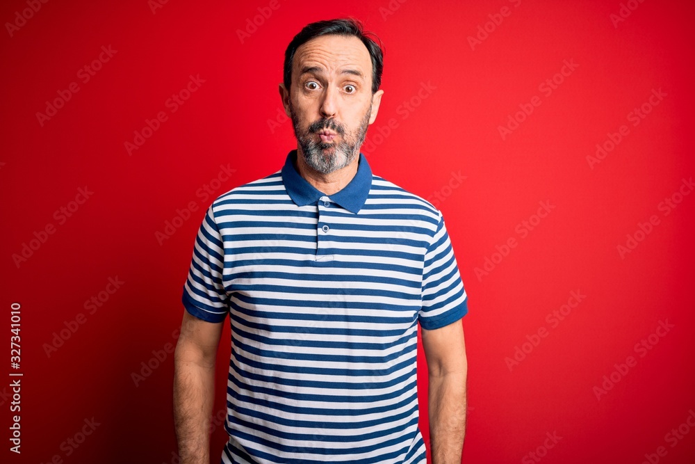 Middle age hoary man wearing casual striped polo standing over isolated red background puffing cheeks with funny face. Mouth inflated with air, crazy expression. Middle age hoary man wearing casual striped polo standing over isolated red background puffing cheeks with funny face. Mouth inflated with air, crazy expression.