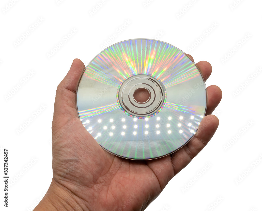 Hand holding compact disc under LED lights isolated on white Hand holding compact disc under LED lights isolated on white