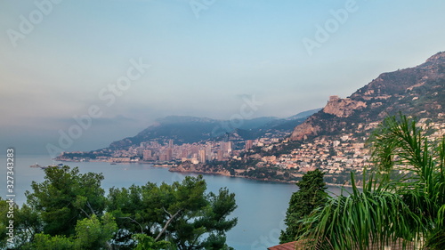 Cityscape of Monte Carlo with morning light timelapse, Monaco at summer sunrise. photo