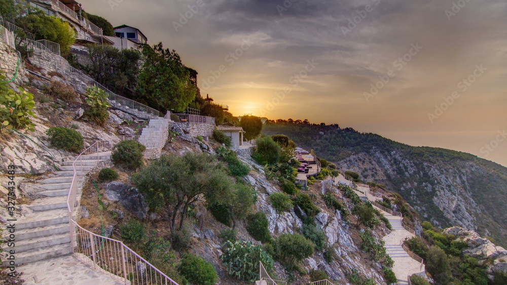 Sunrise timelapse view of the town of Eze village on the French Riviera