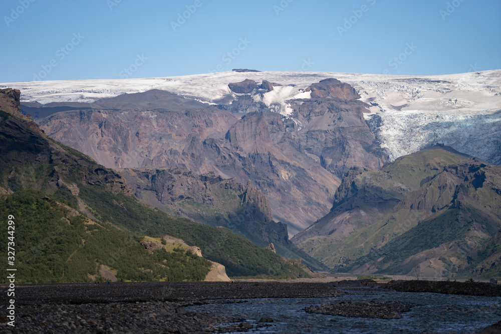 Scenic view Of Mountain Among Snowy Mountains nearby river in Thorsmork, Iceland