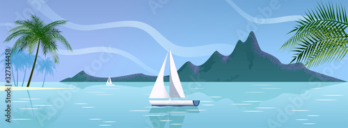White yacht against the background of a panorama of a tropical island surrounded by the sea. Peaceful seascape on a sunny day. Ocean shore with palm trees. Vector illustration. Without people.