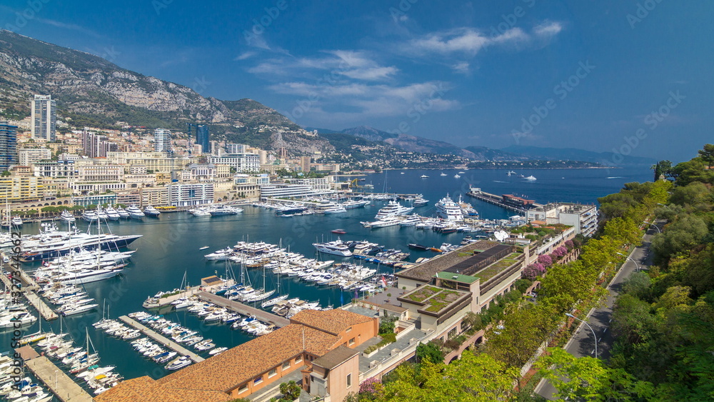 Monte Carlo city aerial panorama timelapse. Port Hercule.