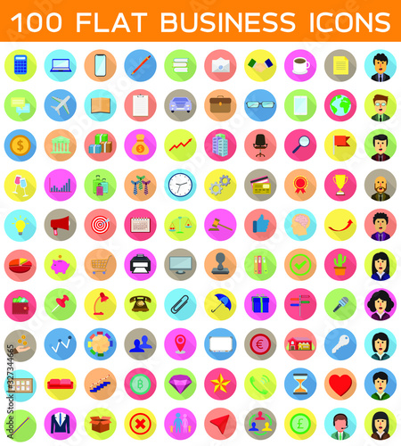 Vector set 100 flat business icons, isolated on a background with a long shadow there are also financial, marketing, education, transportation, tourism, technology, social media, and investments..