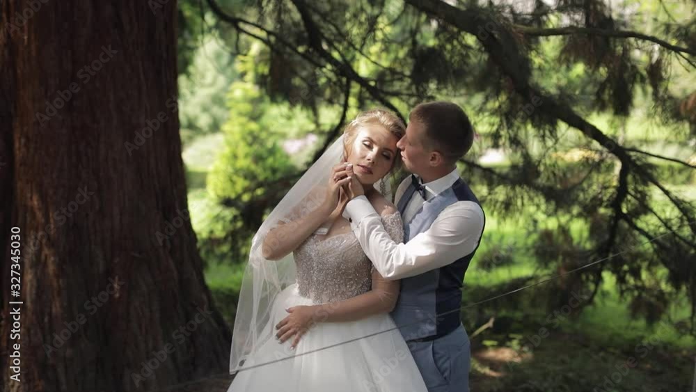 Newlyweds. Caucasian groom with bride in the park. Wedding couple. Happy family Newlyweds. Caucasian groom with bride in the park. Wedding couple. Happy family