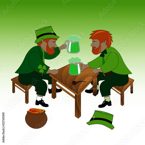 Two Leprechauns are drinking beer. St. Patrick's day greeting card.