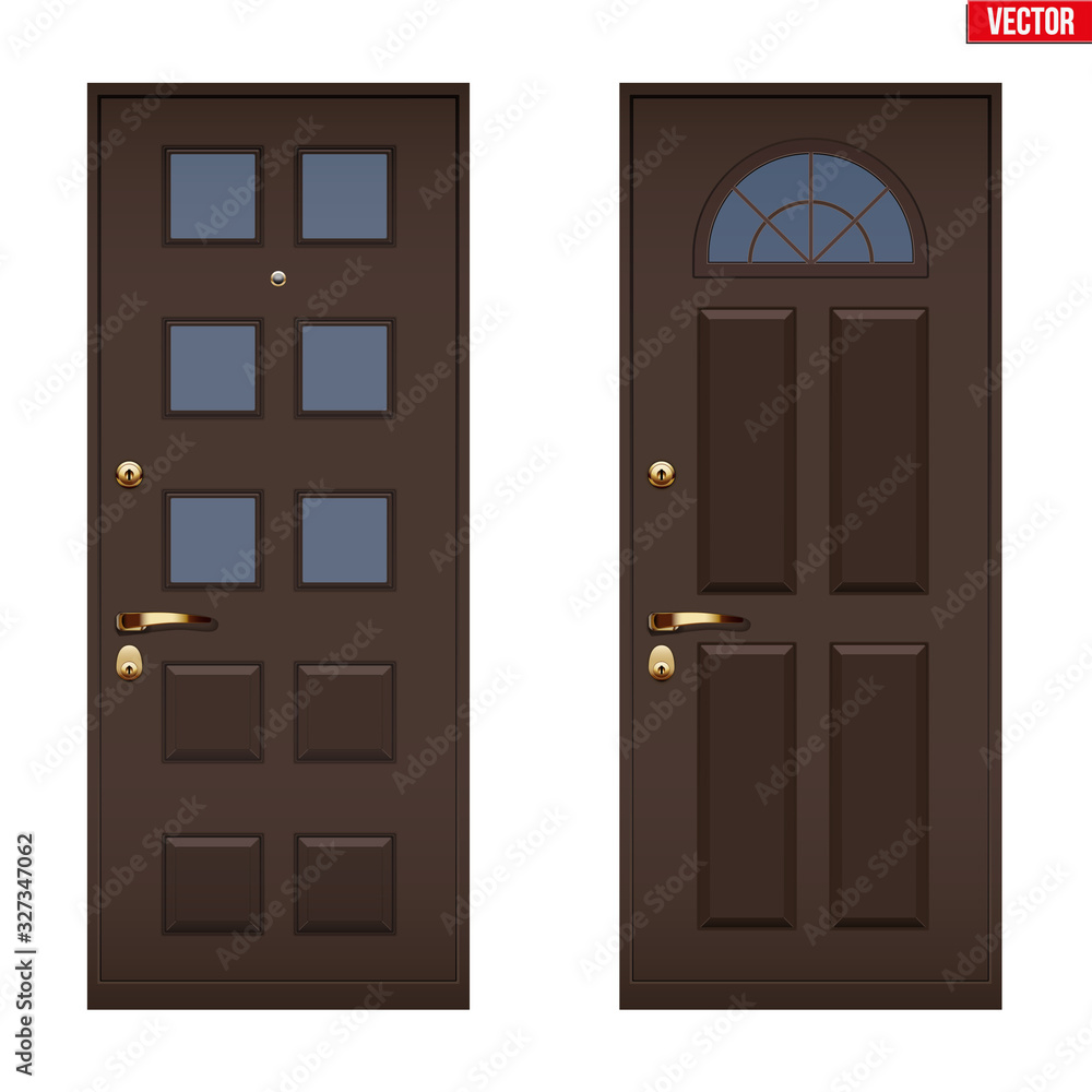Set of Classic brown entrance doors with viewing window. Outdoor view. Wooden door. Presentation of models and frame installation. Vector Illustration isolated on white background. Set of Classic brown entrance doors with viewing window. Outdoor view. Wooden door. Presentation of models and frame installation. Vector Illustration isolated on white background.