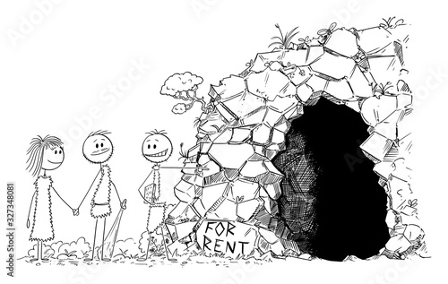 Vector cartoon stick figure drawing conceptual illustration of prehistoric man or caveman realtor or estate agent showing cave for rent to young people.
