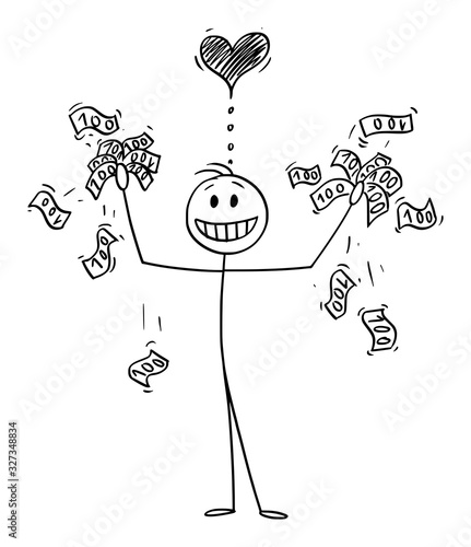 Vector cartoon stick figure drawing conceptual illustration of successful rich man or businessman loving money and holding banknotes or currency bills in hands.