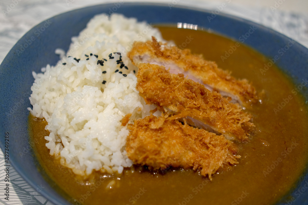 Tonkatsu fried pork curry with rice on plate