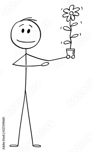 Vector cartoon stick figure drawing conceptual illustration of man or businessman holding flower in pot and pointing at it. Concept of success, reward, investment or profit.