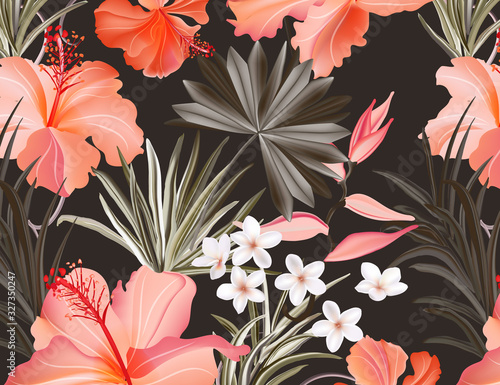 Exotic tropical hibiscus flower, strelitzia branch, palm leaves floral paradise pattern. Rainforest jungle wallpaper in vector