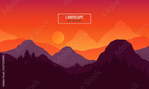 Nature landscape at sunset time with tree and mountains.