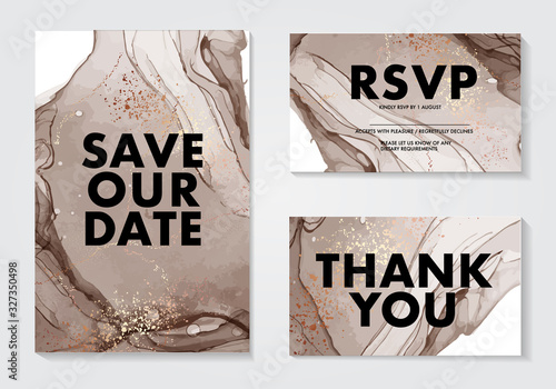 Realistic alcohol ink digital rsvp design, wedding invitation card for bridal party, birthday, family holiday background. Marble save the date warm pastel watercolor splash in vector photo