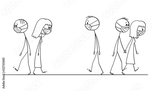 Vector cartoon stick figure drawing conceptual illustration of crowd of people walking on the street, with facial masks to protect yourself from pollution of coronavirus virus infection.