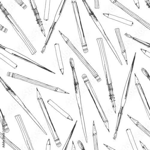 Seamless pattern with brushes and pencils on a white.Hand-drawn vector illustration.