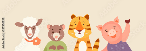 Cartoon animals sheep, mouse, tiger and pig. Vector children illustration
