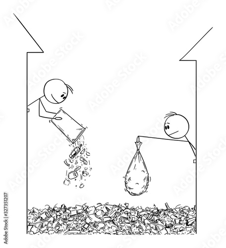 Vector cartoon stick figure drawing conceptual illustration of people throwing waste from window on the street. City overburdened by garbage.