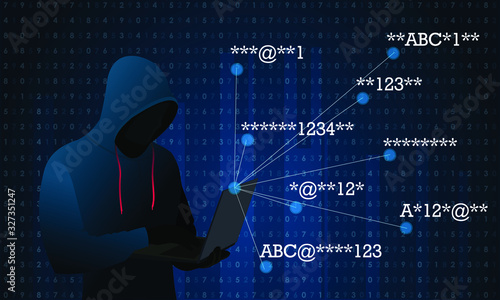 Hacker with Laptop or Computer with passwords on Blue binary code Background. Computer hacker or Cyber attack concept vector illustration.
