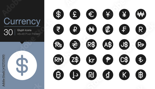 Currency icons. Gylph icon design. For presentation, graphic design, mobile application, web design, infographics, UI.