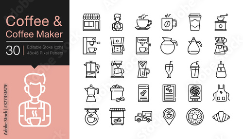 Coffee and Coffee makers icons. Modern line design. For presentation, graphic design, mobile application, web design, infographics, UI. Editable Stroke.