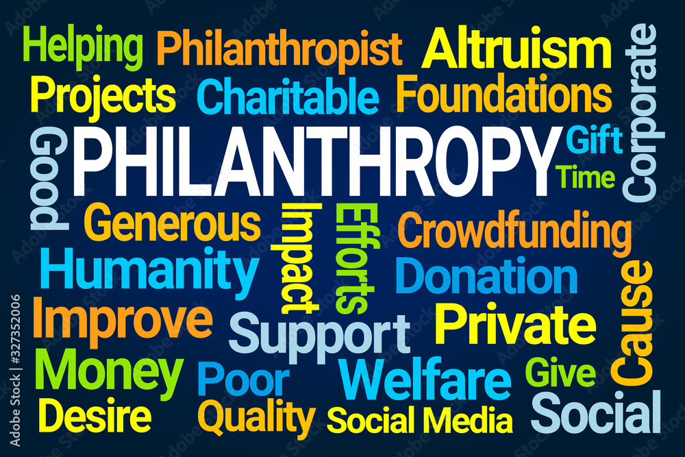 Philanthropy Word Cloud on Blue Background Philanthropy Word Cloud on Blue Background
