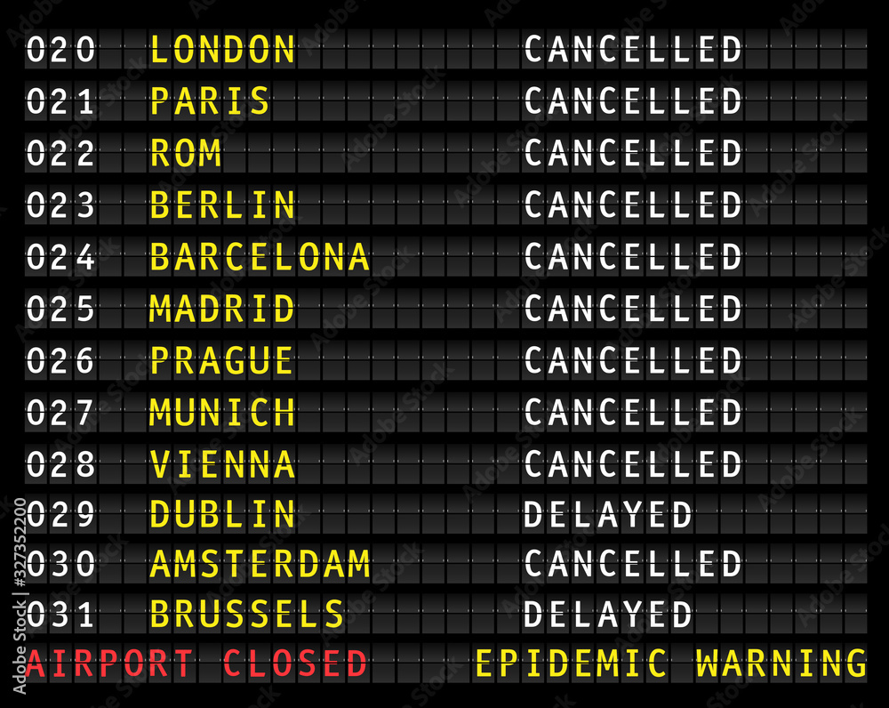 Fototapeta premium Flight information display showing cancelled flights because of corona epidemic warning, vector