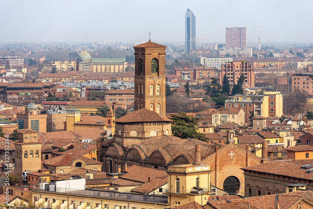 Obraz premium Cityscape of Bologna downtown seen from the bell tower of the Metropolitan Cathedral of San Pietro with the Basilica of San Giacomo Maggiore, XIV century, Emilia-Romagna, Italy, Europe