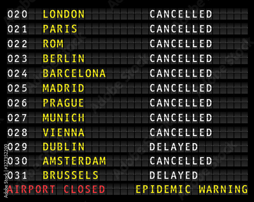Flight information display  showing cancelled flights because of corona epidemic warning, vector