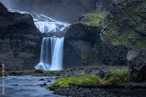 Two-tiered waterfall Ofaerufoss in the Eldgja canyon  in the central Iceland