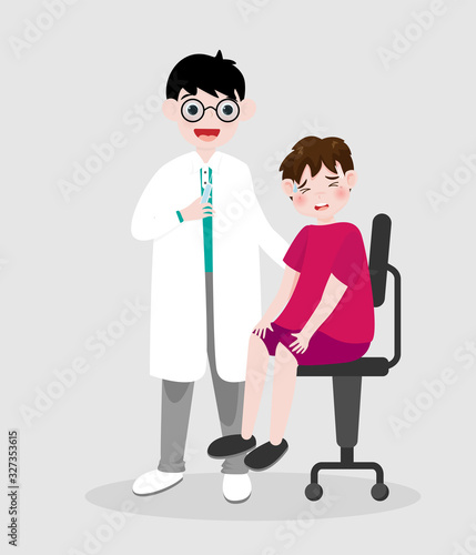 Doctor injecting vaccine into sick boy isolated on background. Vector illustration in cartoon character flat style.