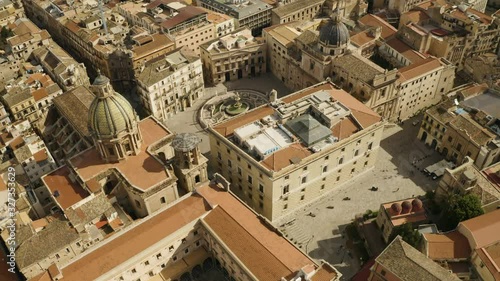 Flight over the Fontana Pretoria in Palermo. Early sunny morning. Sicily, Italy. May 2019. Aerial top-down shot