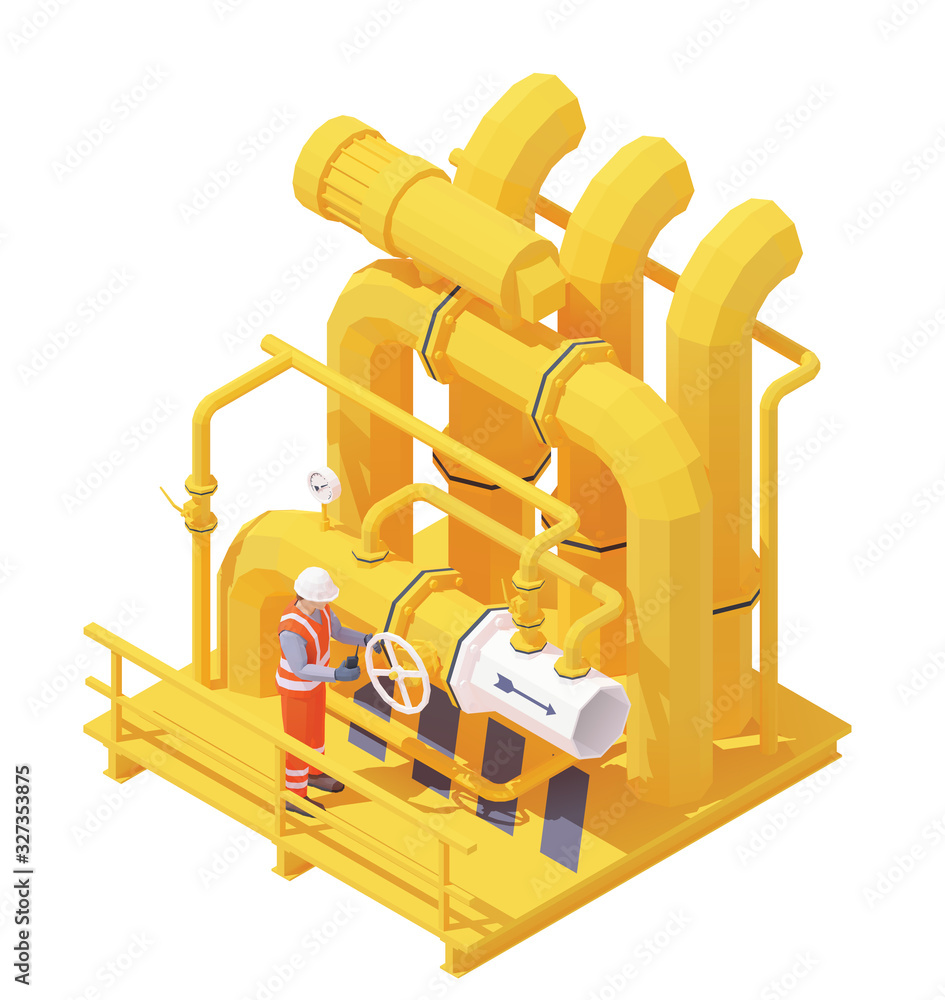 Vector isometric gas or oil production operator opens pipe valve. Yellow oil or gas pipes