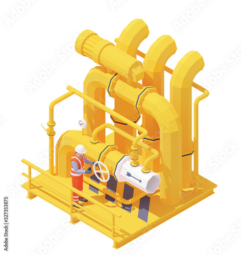 Vector isometric gas or oil production operator opens pipe valve. Yellow oil or gas pipes, manometer, valves, operator in workwear to open or close pipeline valve. Opening or closing pipeline valve