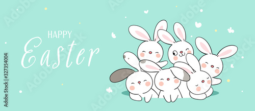 Draw banner cute rabbit in hole on green pastel color.